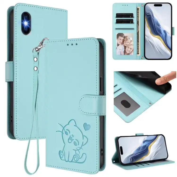 Embossed Heart Cat Leather Phone Case with Hand Strap