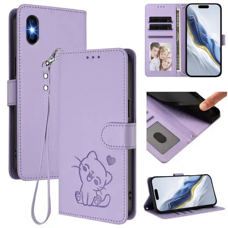Embossed Heart Cat Leather Phone Case with Hand Strap