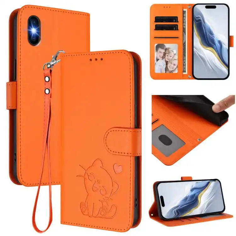 Embossed Heart Cat Leather Phone Case with Hand Strap