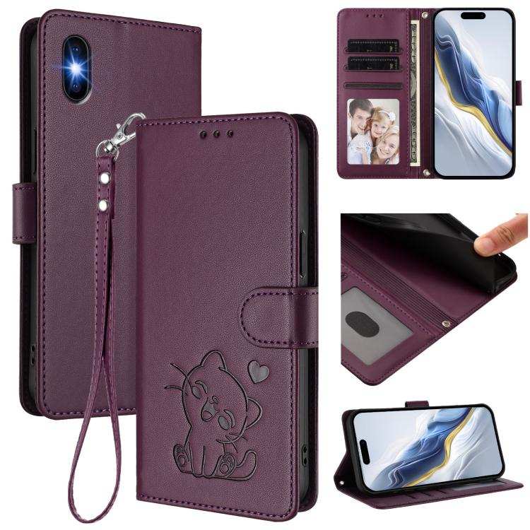 Embossed Heart Cat Leather Phone Case with Hand Strap