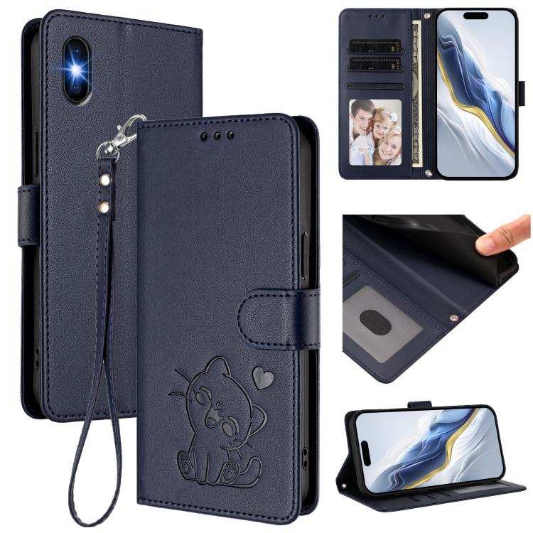 Embossed Heart Cat Leather Phone Case with Hand Strap