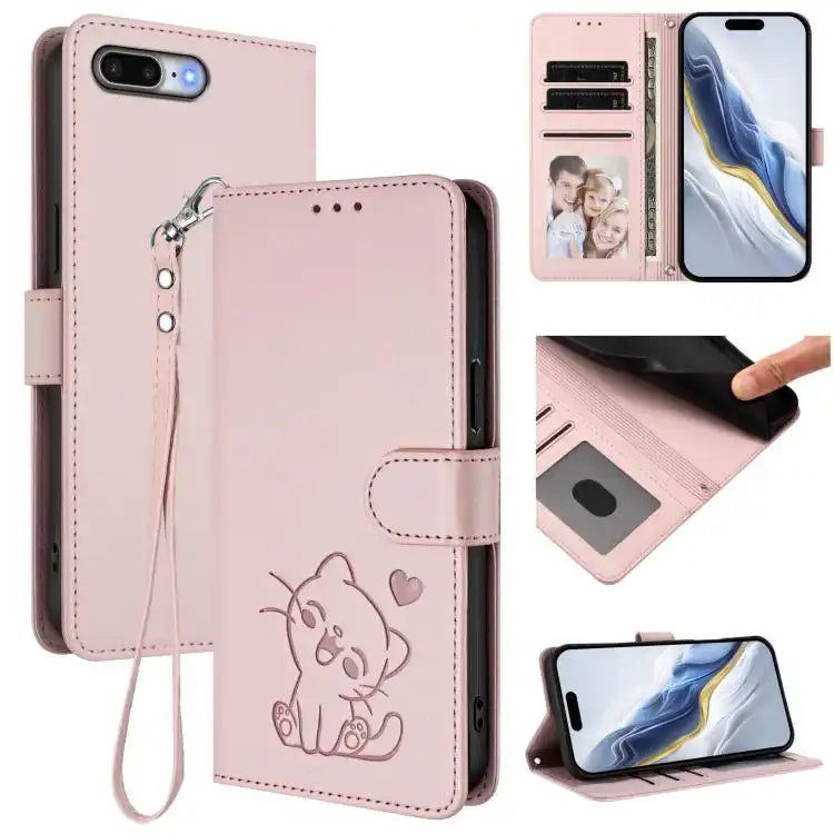 Embossed Heart Cat Leather Phone Case with Hand Strap