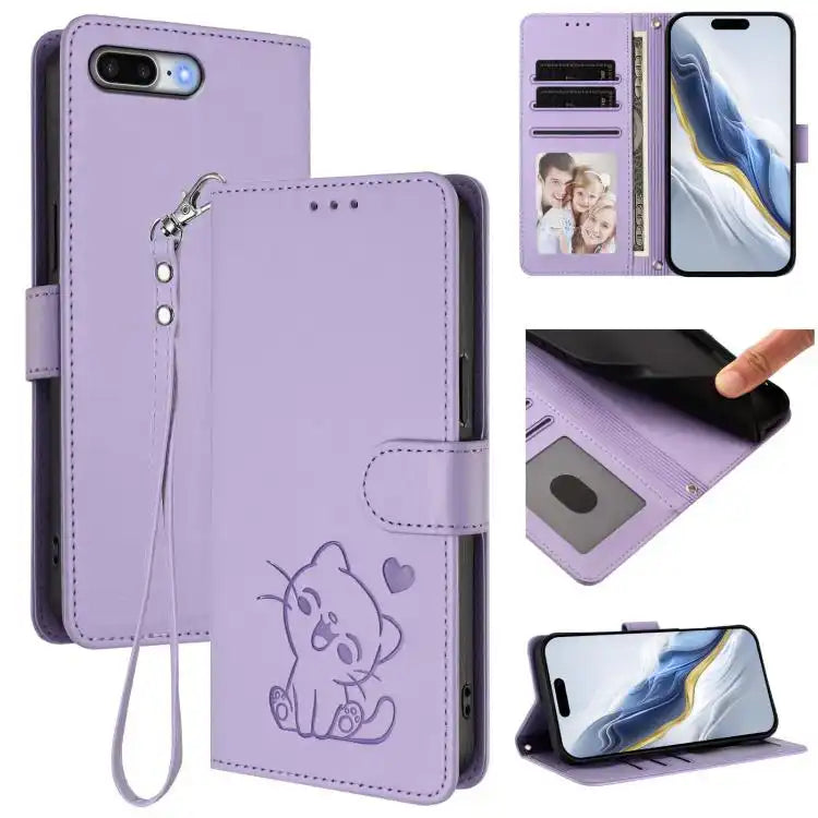 Embossed Heart Cat Leather Phone Case with Hand Strap