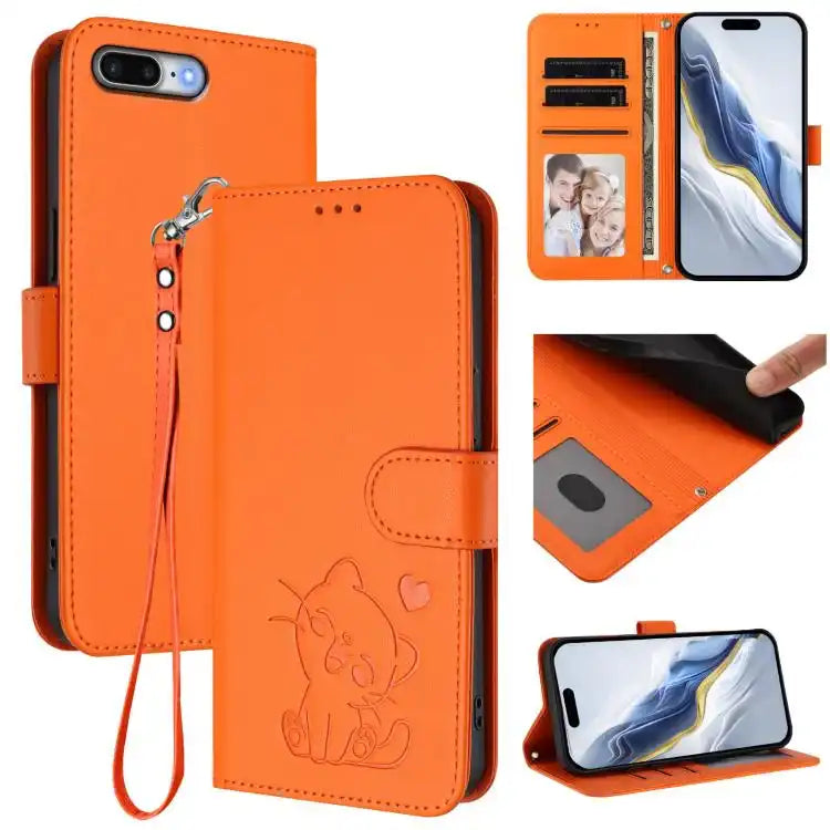 Embossed Heart Cat Leather Phone Case with Hand Strap