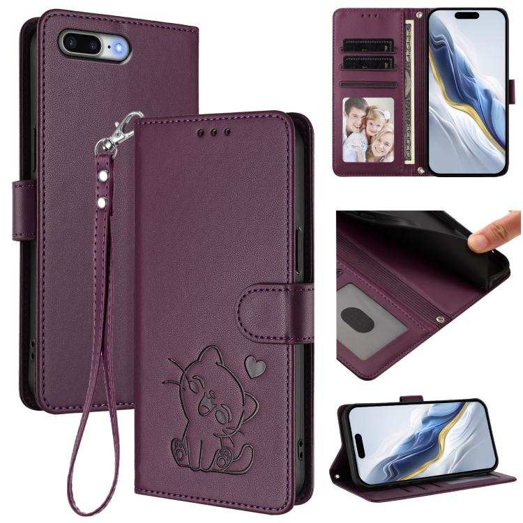 Embossed Heart Cat Leather Phone Case with Hand Strap
