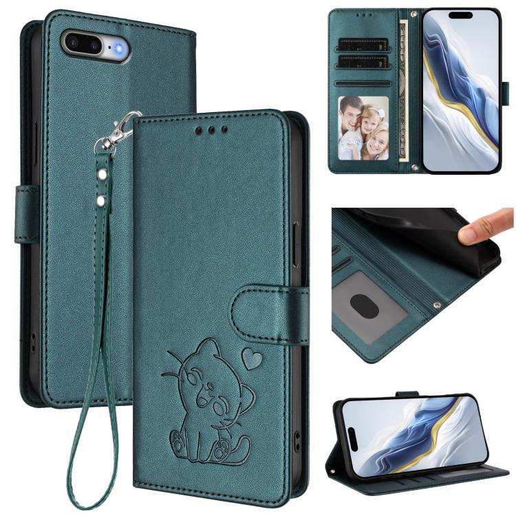 Embossed Heart Cat Leather Phone Case with Hand Strap