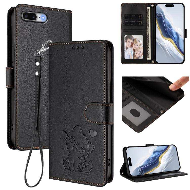 Embossed Heart Cat Leather Phone Case with Hand Strap