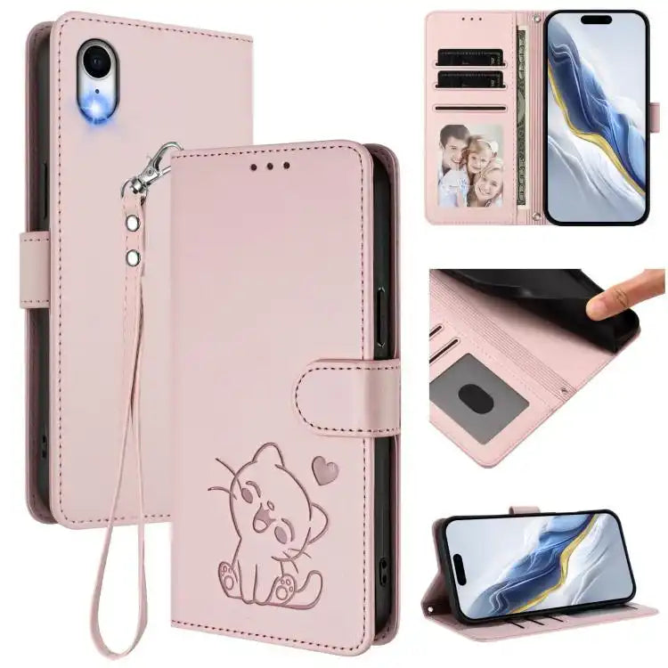 Embossed Heart Cat Leather Phone Case with Hand Strap