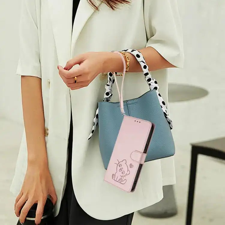 Embossed Heart Cat Leather Phone Case with Hand Strap