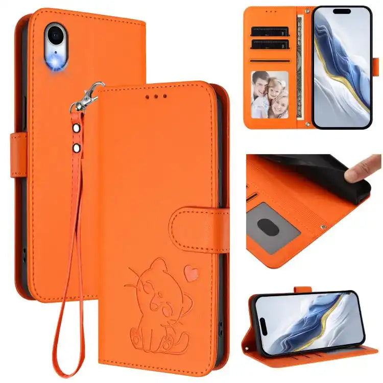 Embossed Heart Cat Leather Phone Case with Hand Strap