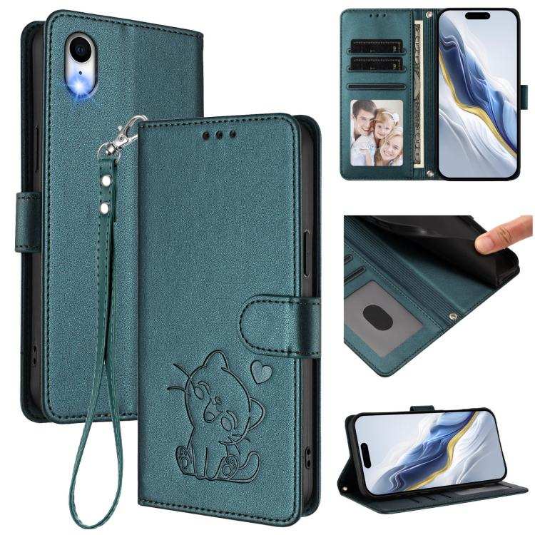 Embossed Heart Cat Leather Phone Case with Hand Strap
