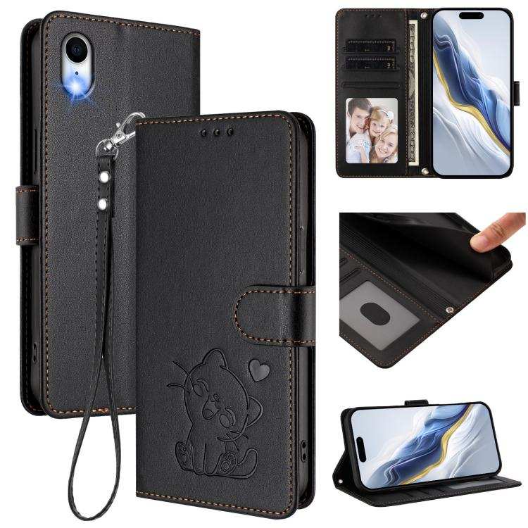 Embossed Heart Cat Leather Phone Case with Hand Strap