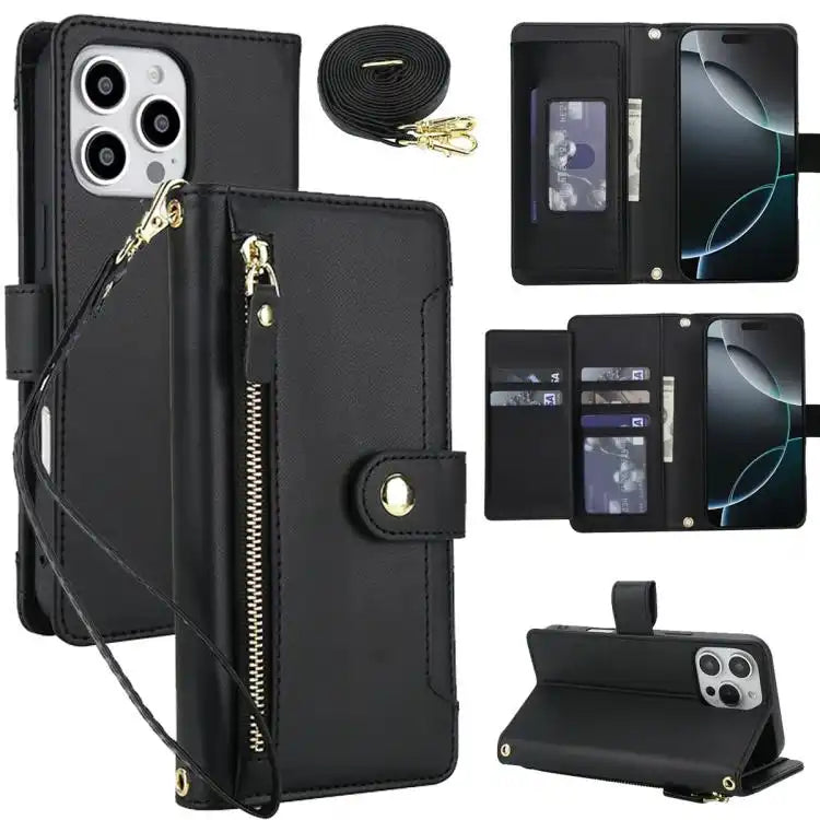 Seven Card Slots Zipper Wallet Leather Phone Case with Lanyard