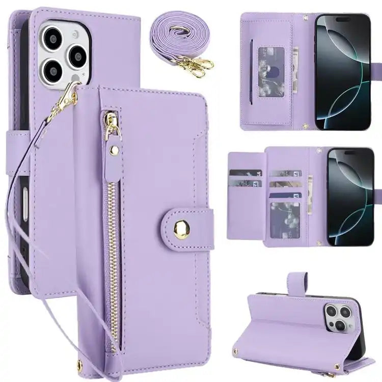 Seven Card Slots Zipper Wallet Leather Phone Case with Lanyard