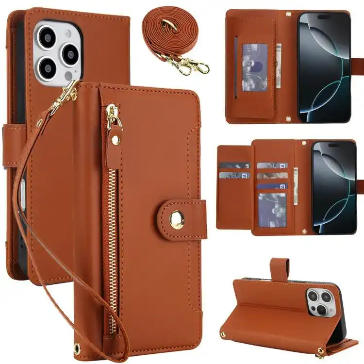 Seven Card Slots Zipper Wallet Leather Phone Case with Lanyard