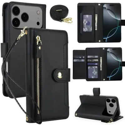 Seven Card Slots Zipper Wallet Leather Phone Case with Lanyard