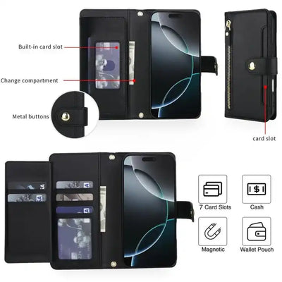 Seven Card Slots Zipper Wallet Leather Phone Case with Lanyard