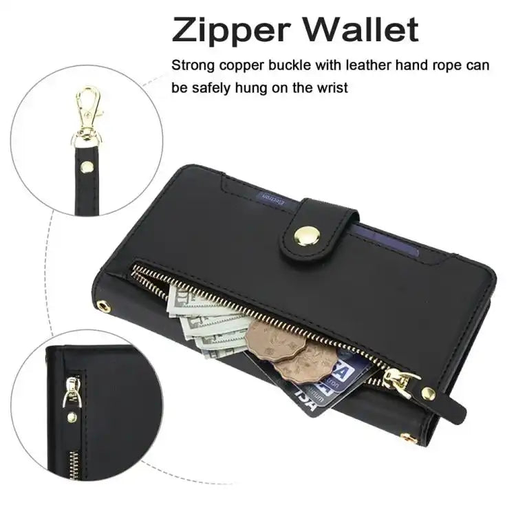 Seven Card Slots Zipper Wallet Leather Phone Case with Lanyard