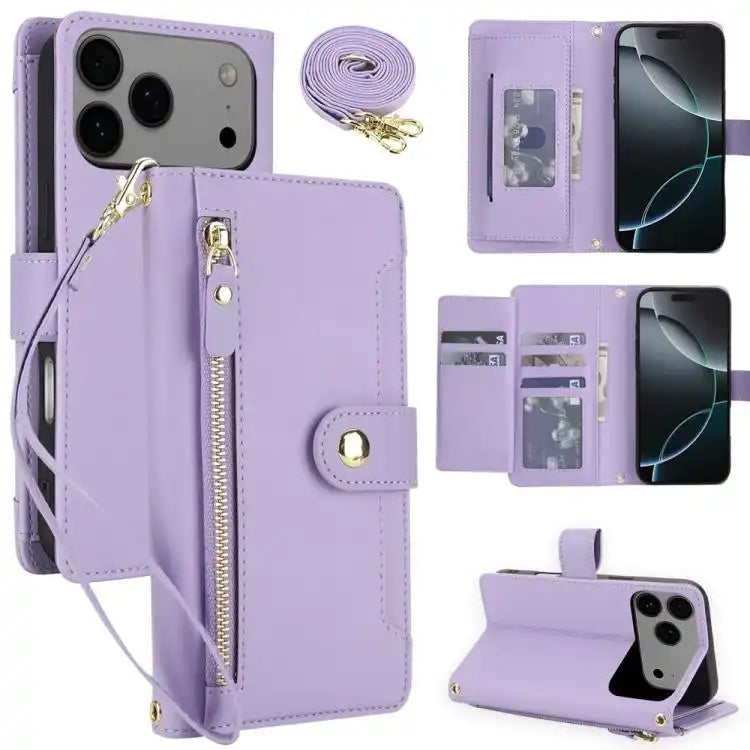 Seven Card Slots Zipper Wallet Leather Phone Case with Lanyard