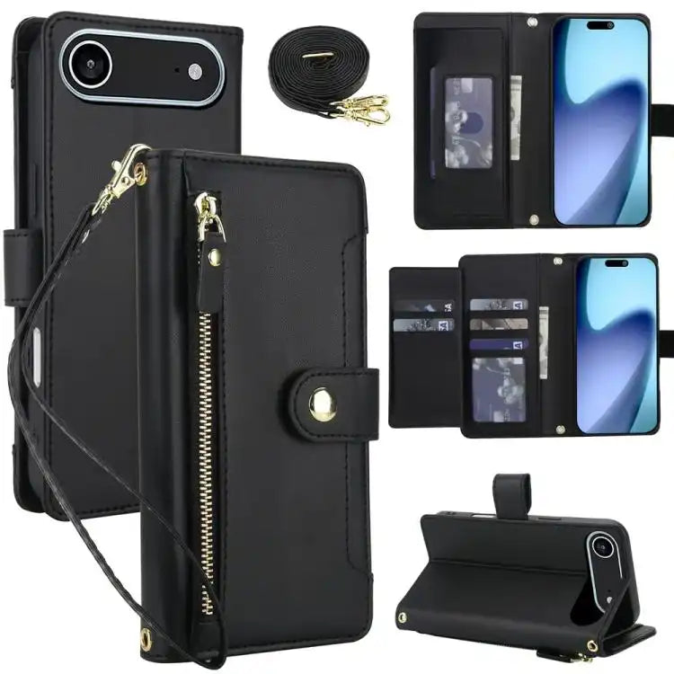 Seven Card Slots Zipper Wallet Leather Phone Case with Lanyard