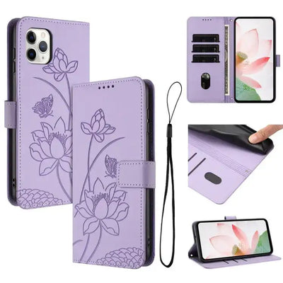 Lotus Embossed Leather Phone Case with Lanyard