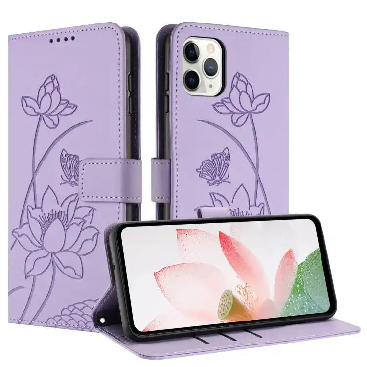 Lotus Embossed Leather Phone Case with Lanyard