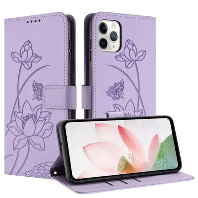 Lotus Embossed Leather Phone Case with Lanyard