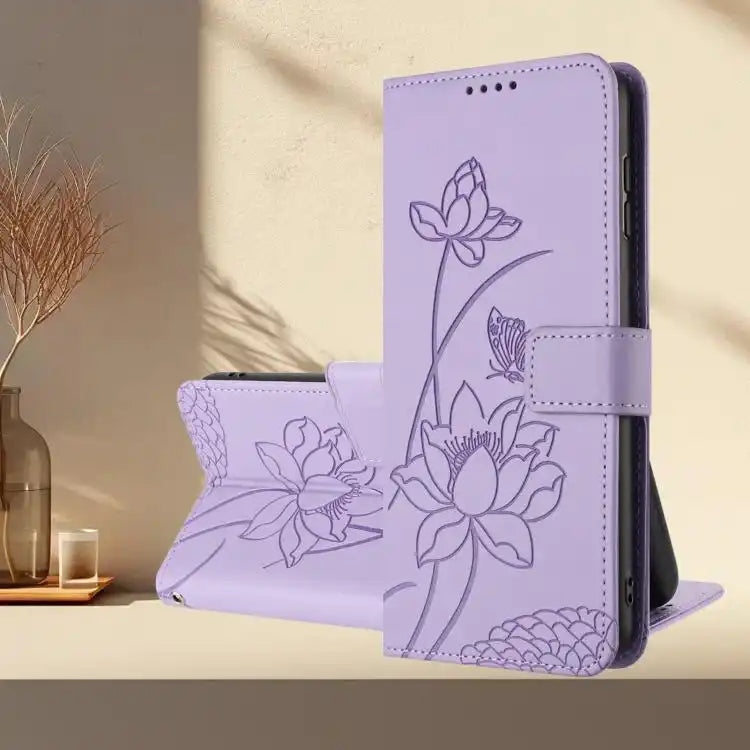 Lotus Embossed Leather Phone Case with Lanyard