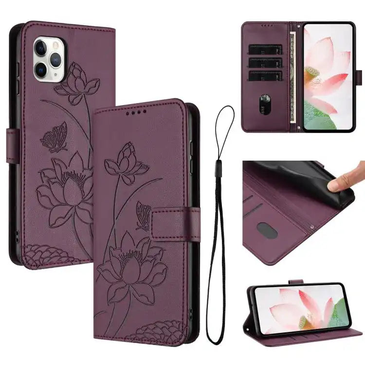 Lotus Embossed Leather Phone Case with Lanyard