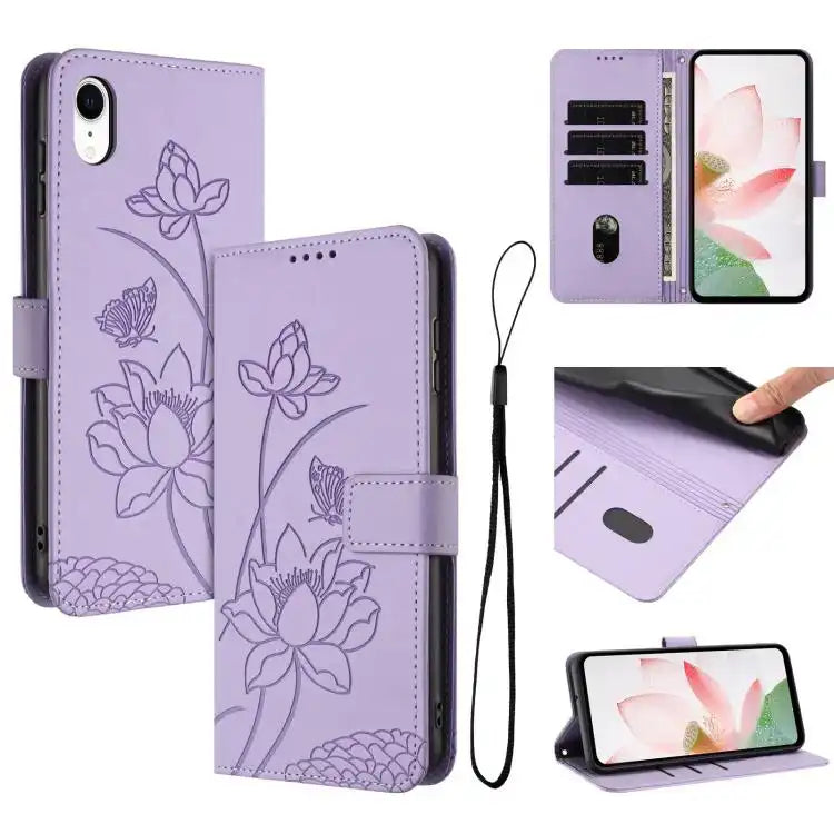 Lotus Embossed Leather Phone Case with Lanyard