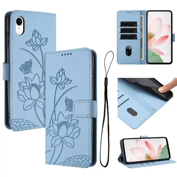Lotus Embossed Leather Phone Case with Lanyard