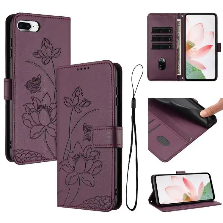 Lotus Embossed Leather Phone Case with Lanyard