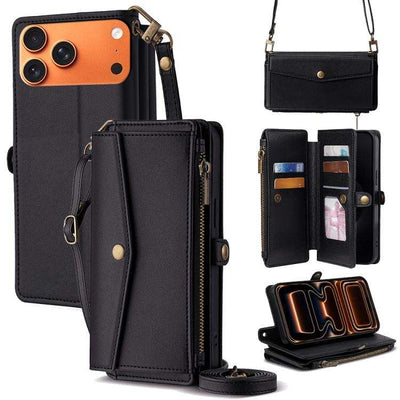 Zipper Wallet Side Buckle Crossbody Lanyard Leather Phone Case