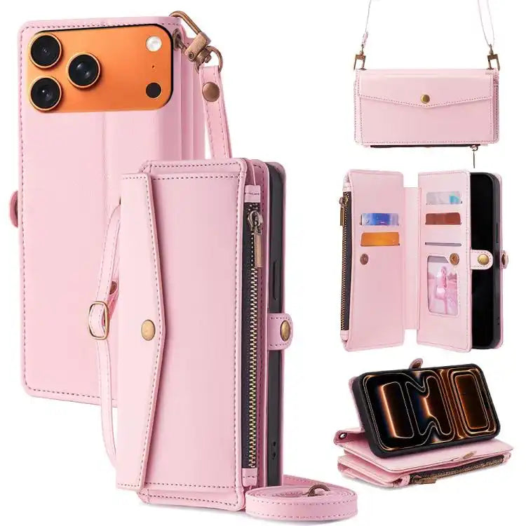 Zipper Wallet Side Buckle Crossbody Lanyard Leather Phone Case