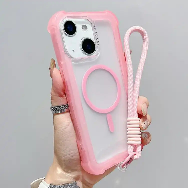 Transparent Matte TPU Hybrid PC 3-in-1 MagSafe Phone Case with Wrist Strap