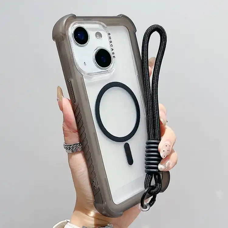 Transparent Matte TPU Hybrid PC 3-in-1 MagSafe Phone Case with Wrist Strap