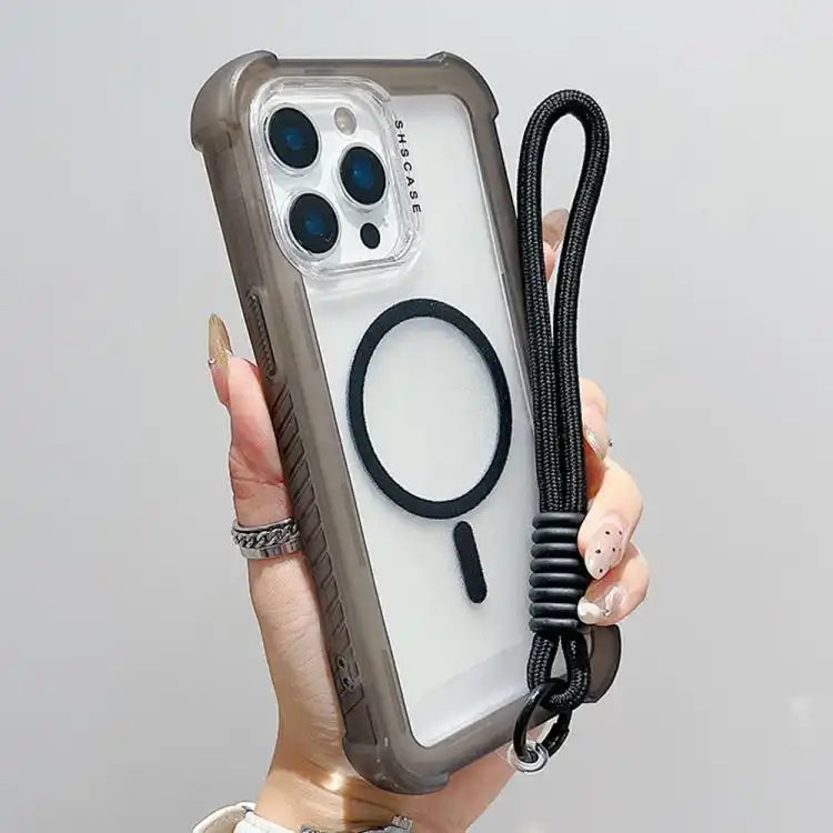 Transparent Matte TPU Hybrid PC 3-in-1 MagSafe Phone Case with Wrist Strap