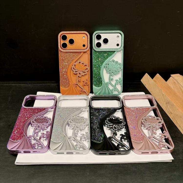 Electroplated TPU Lotus Hollow-carved  Rhinestone Glitter Phone Case