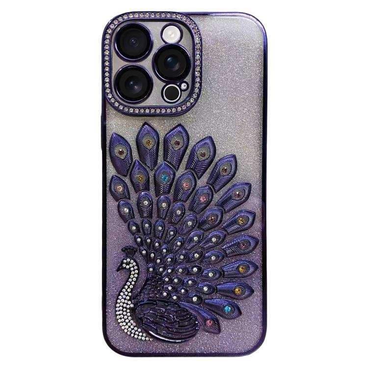 Electroplated TPU Peacock Relief Rhinestone Glitter Phone Case with Lens Film