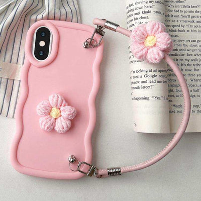 Plush Flower Wavy TPU Phone Case with Lanyard