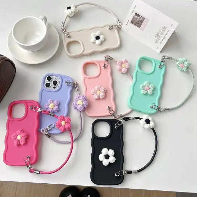 Plush Flower Wavy TPU Phone Case with Lanyard