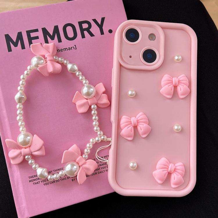 Soft Silicone 3D Bowknot Pearl Phone Case with Beaded Wrist Strap