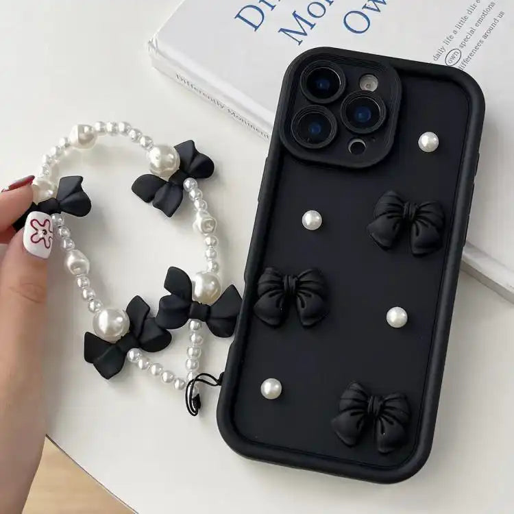 Soft Silicone 3D Bowknot Pearl Phone Case with Beaded Wrist Strap
