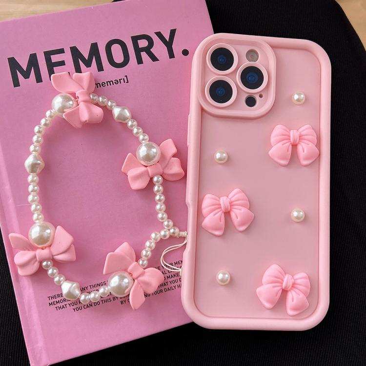 Soft Silicone 3D Bowknot Pearl Phone Case with Beaded Wrist Strap