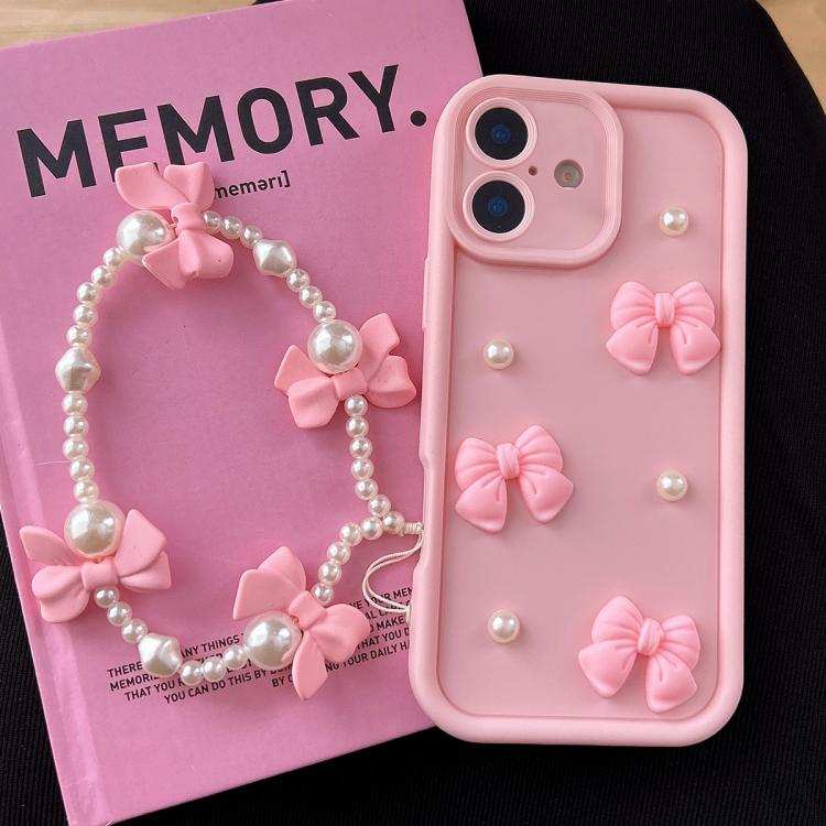 Soft Silicone 3D Bowknot Pearl Phone Case with Beaded Wrist Strap