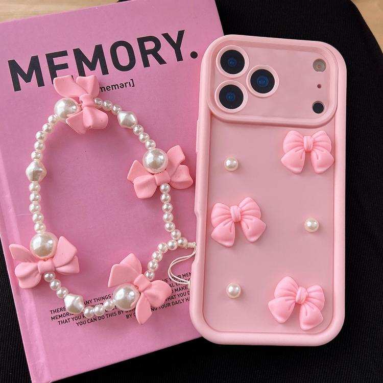 Soft Silicone 3D Bowknot Pearl Phone Case with Beaded Wrist Strap