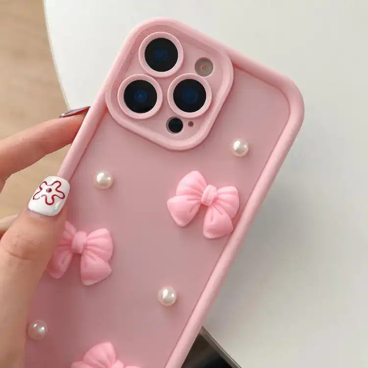 Soft Silicone 3D Bowknot Pearl Phone Case with Beaded Wrist Strap