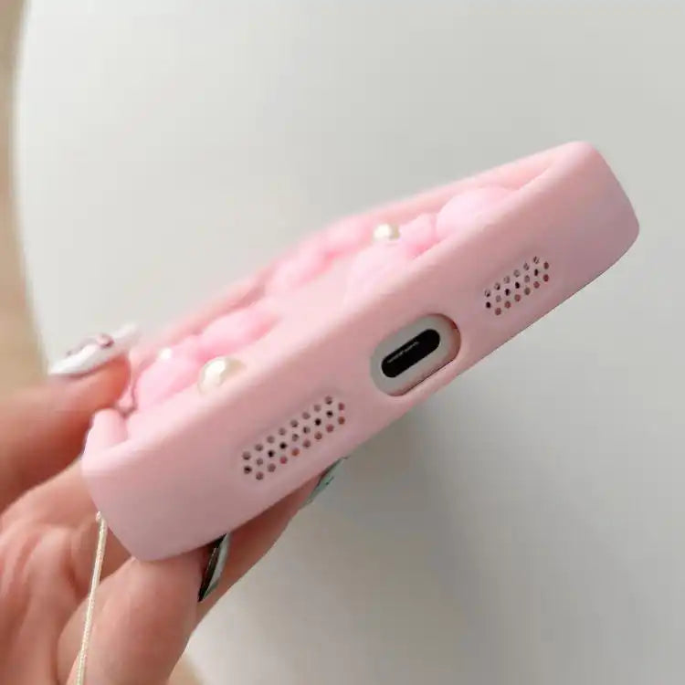 Soft Silicone 3D Bowknot Pearl Phone Case with Beaded Wrist Strap