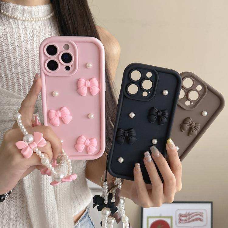 Soft Silicone 3D Bowknot Pearl Phone Case with Beaded Wrist Strap