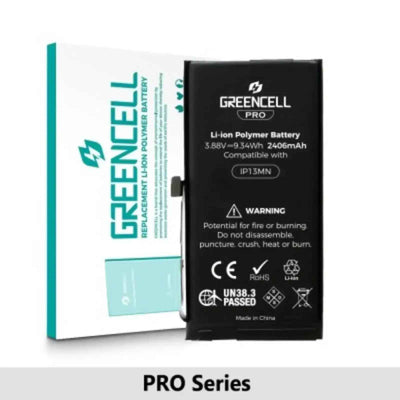 Greencell PRO Series- iPhone 13 mini Replacement Battery with Adhesive Strips 2406mAh TI chip -27546-A3 IC & Original Cell